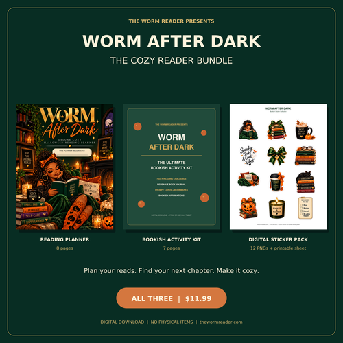 WORM After Dark digital bundle showing the reading planner, bookish activity kit, and printable sticker sheet.